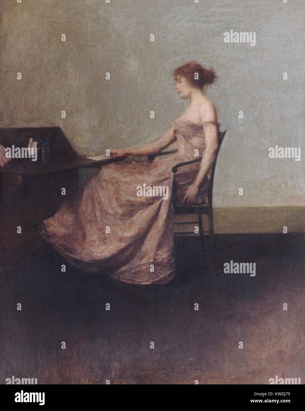 La lettera, da Thomas Wilmer inumidendo, 1895-1900, la pittura americana, olio su tela. Ritratto di un seduto, eleganti donna di toccare una lettera su una scrivania in un austero interno (BSLOC 2017 9 4) Foto Stock