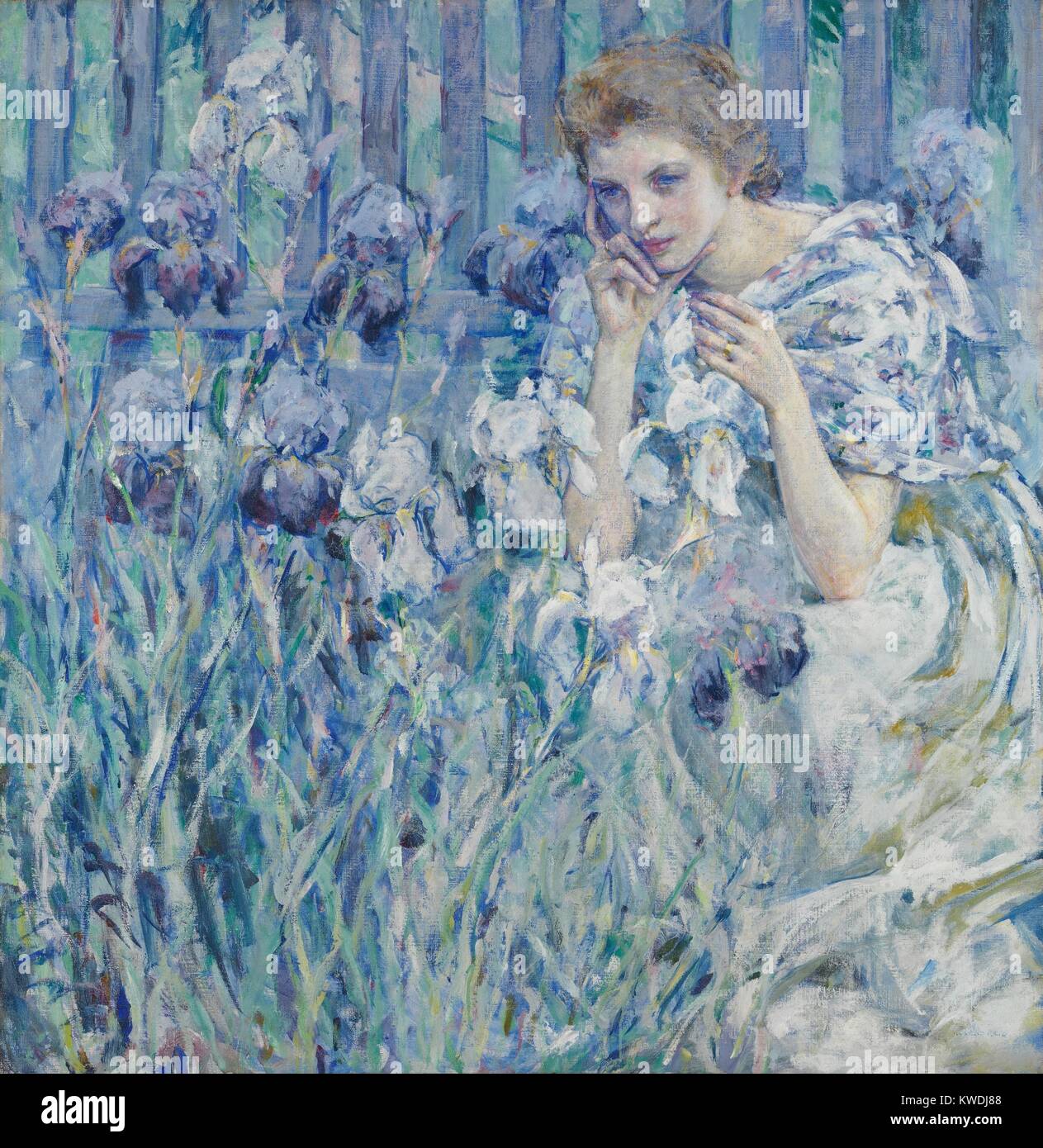 FLEUR DE LIS, da Robert Reid, c. 1895-1900, la pittura americana, olio su tela. Reid ha studiato a Parigi dal 1885-89 prima di stabilire se stesso come un ritrattista in New York City. Questa lussureggiante impressionistica lavoro, seguita convenzioni ritratto dalla finitura la testa e le mani in modo più dettagliato che le frazioni e costume (BSLOC 2017 9 6) Foto Stock