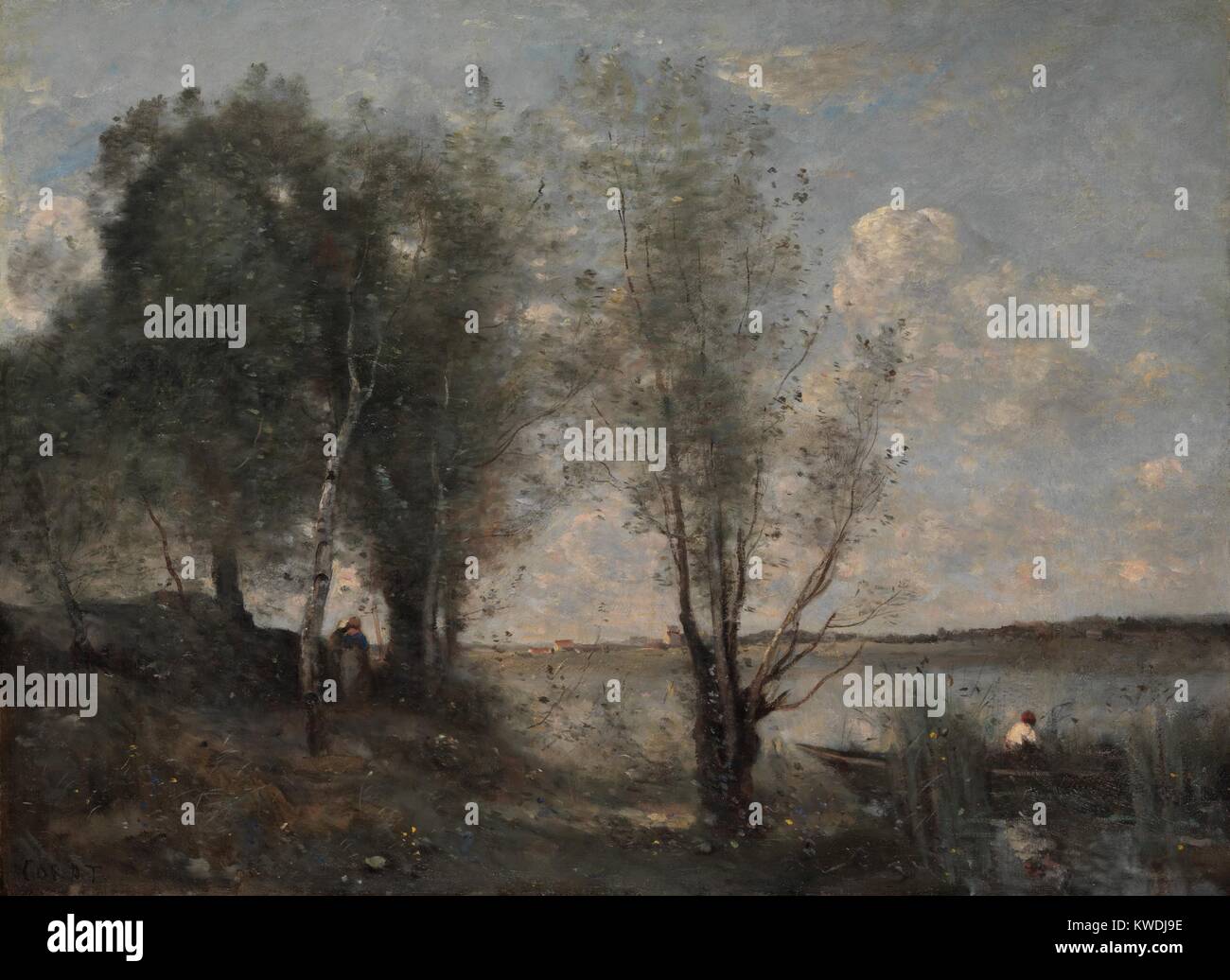 BOATMAN tra le canne, di Camille Corot, 1865, la pittura francese, olio su tela. Come molti di questi ultimi Corots studio paesaggi, è dipinta con pennellate feathery, una tavolozza più leggeri con toni di argento (BSLOC 2017 9 90) Foto Stock