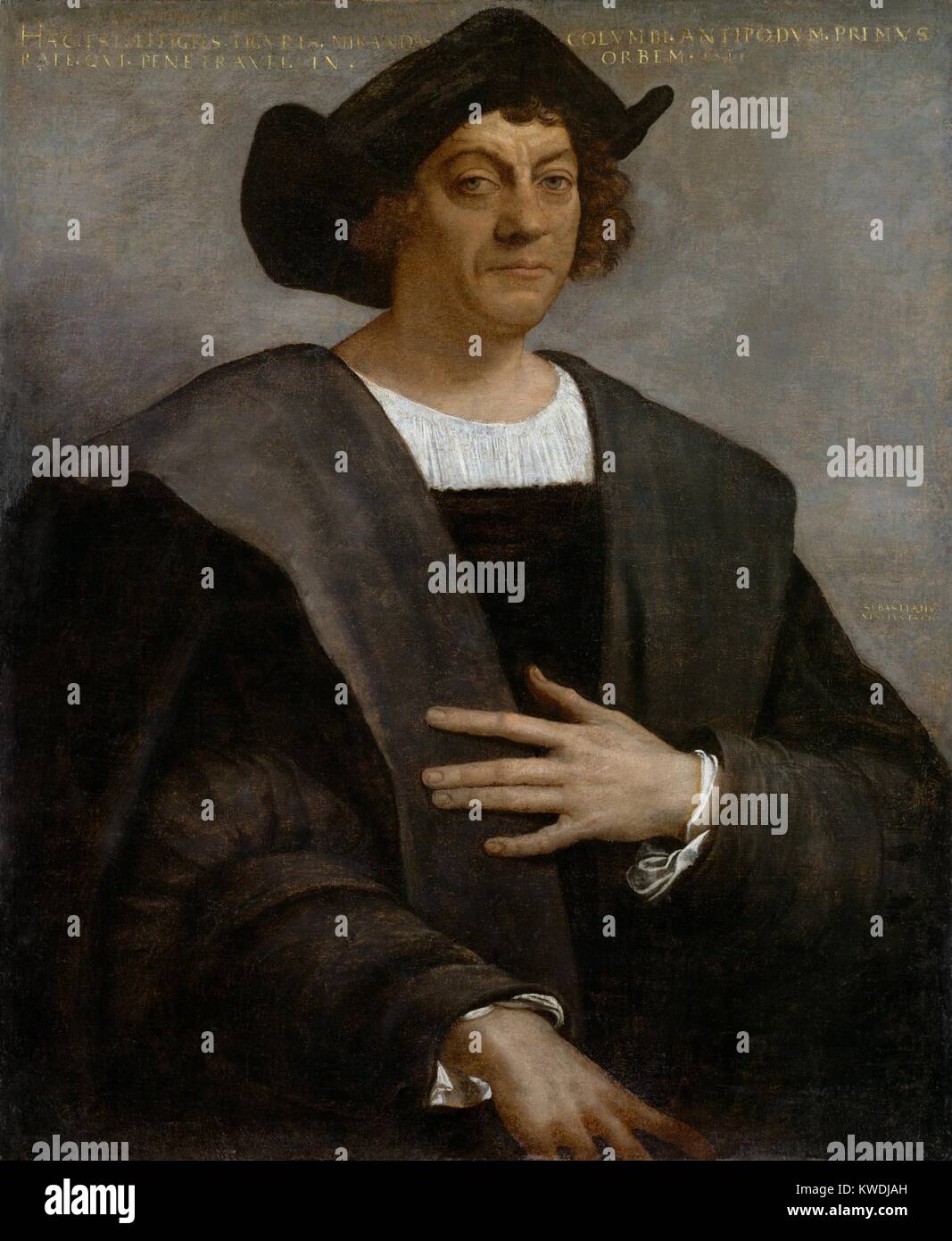 Cristoforo Colombo, di Sebastiano del Piombo, 1519 pittura italiana, olio su tela. L'iscrizione indicando il sitter come Columbus è stato probabilmente aggiunto dopo il dipinto è stato realizzato e identificazione del sitter è oggetto di discussione. Il collegamento al Columbus è stato rafforzato quando Theodor de Bry pubblicato un ritratto inciso di Columbus sulla base di questa pittura (BSLOC 2017 10 110) Foto Stock