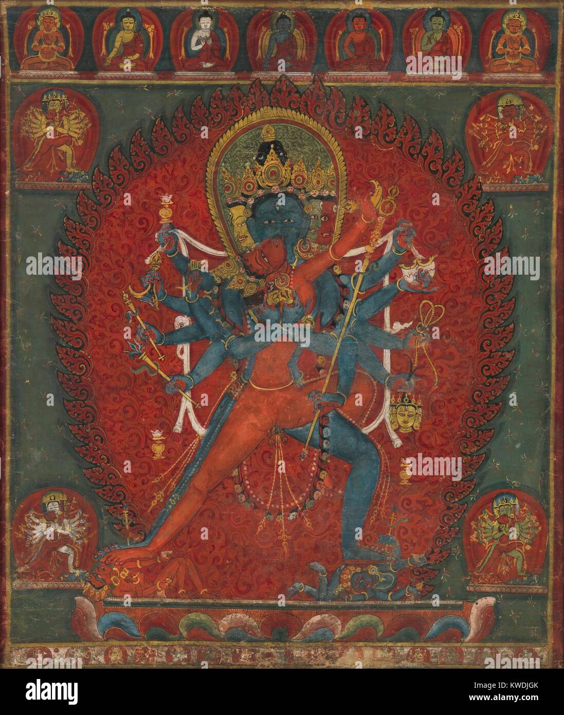 CHAKRASAMVARA E VAJRAVARAHI, buddista, Nepal, 1570-1600, pittura, tempera su cotone. Divinità buddiste, Chakrasamvara, abbracciando la sua consorte, Vajravarahi. Chakrasamvara, ha una figura blu, quattro facce e dodici mani. La faccia principale è blu, la faccia sinistra rosso, faccia posteriore giallo e la faccia di destra bianco (BSLOC 2017 16 15) Foto Stock