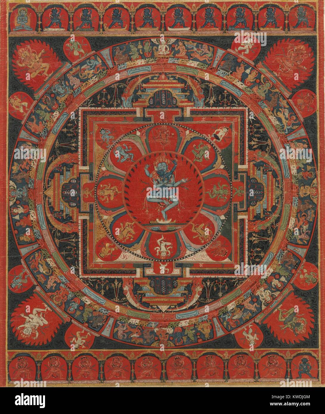 HEVAJRA MANDELA, Tibetani, buddista, xv secolo, pittura, tempera su tela. Hevajra è uno dei principali yidams (esseri illuminati) in Tantric, o Vajrayana Buddismo. Hevajra e la sua consorte, Nairatmya, danza all'intersezione di quattro vajra gateway, indicando la loro posizione al centro del cosmo (BSLOC 2017 16 16) Foto Stock