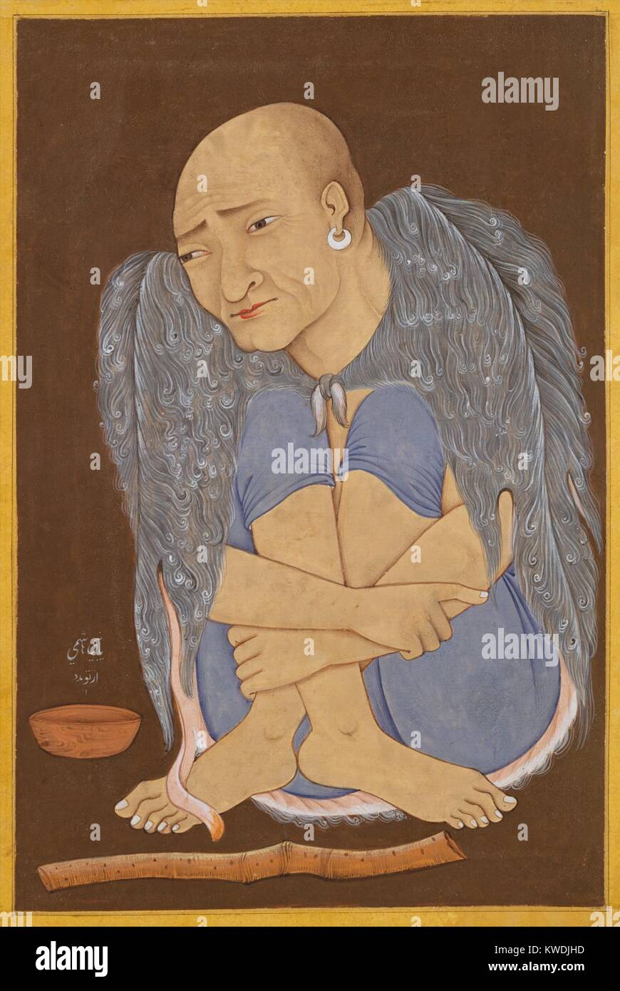 Ritratto di un Sufi, indiano, Mughal pittura, 1600-1620S, inchiostro, acquerello opaco, oro su carta. I sufi sono stati mistici musulmani che hanno rinunciato al mondo materiale. In una postura meditativa, egli è vestito in pelliccia ruvida, ha un'Alms bowl e un flauto (BSLOC 2017 16 31) Foto Stock