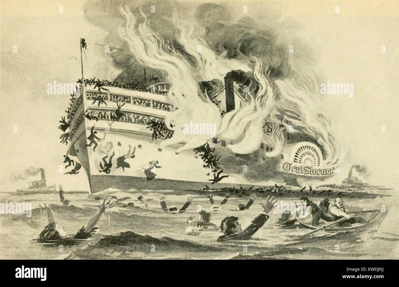 GENERAL SLOCUM barca per gite catastrofe nella città di New York, 15 giugno 1904. Le donne e i bambini salta fuori la barca di masterizzazione nell'East River, dove la maggior parte annegato (BSLOC 2017 17 110) Foto Stock