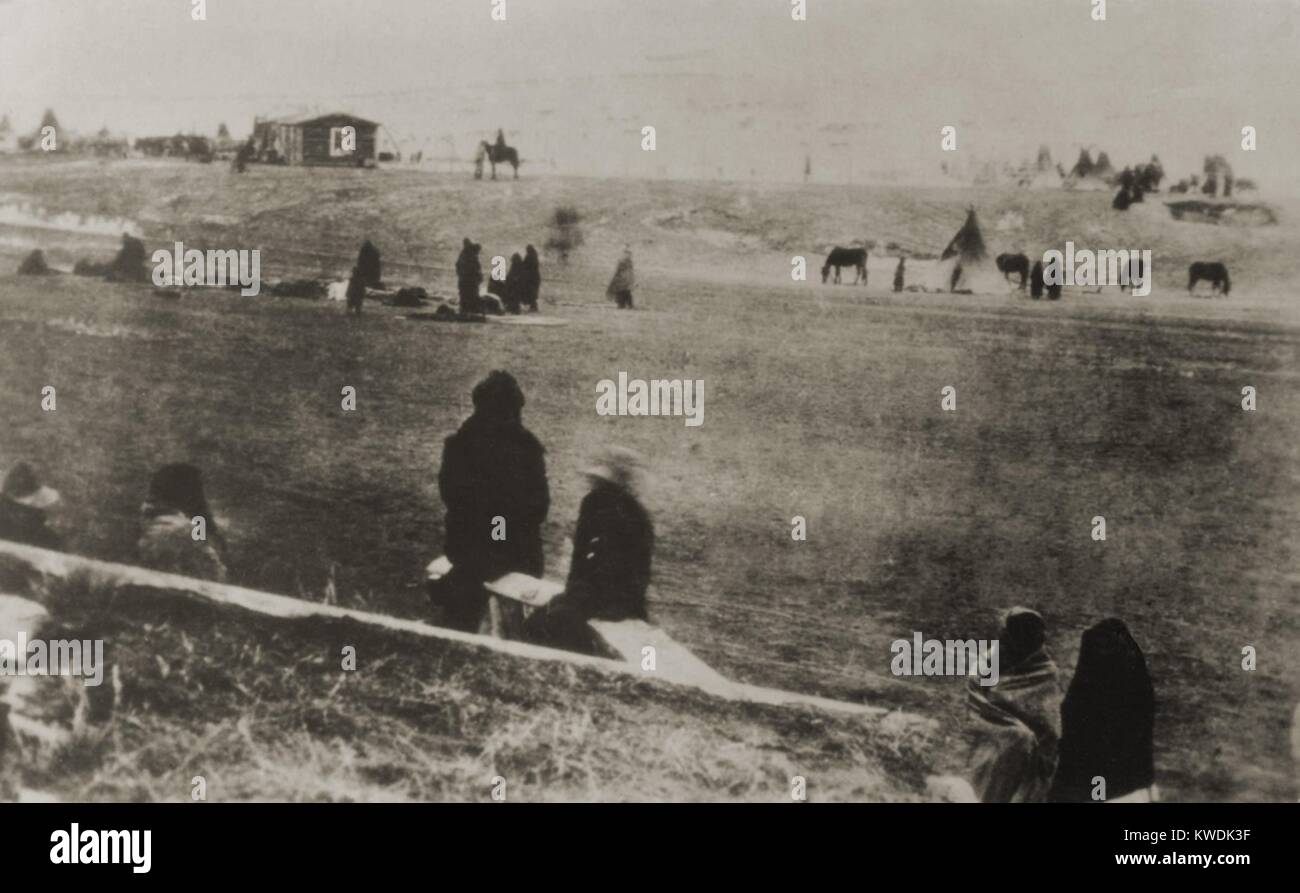 Superstiti del Wounded Knee massacro di arrendersi all'esercito USA, 1 gennaio, 1891. Molti dei big band di trasudamento di Sioux Minneconjou correva nel freddo terra sterile durante la pistola lotta tra indiani e l'esercito di uomini che ha circondato il loro accampamento. I superstiti che non congelare a morte ha restituito il Pine Ridge agenzia un paio di giorni più tardi (BSLOC 2017 18 20) Foto Stock