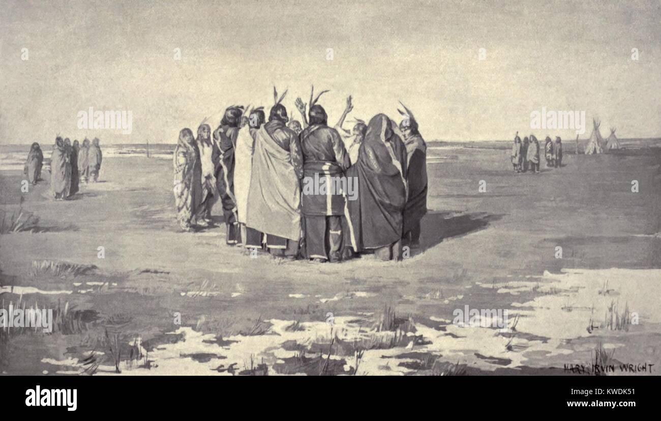 Nativi americani ballerini fantasma in un piccolo cerchio, tenendo le mani, c. 1890. Tra le tribù che pratica il Ghost dance erano: Paiute, Shoshoni, Arapaho, Cheyenne Pawnee e Lakota (Sioux). La riproduzione di un dipinto di Maria Irvin Wright (BSLOC 2017 18 5) Foto Stock