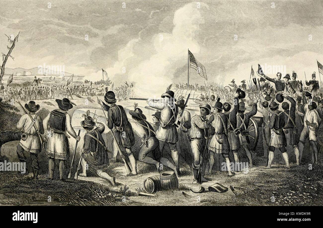 Battaglia di New Orleans visto da dietro la linea americana, 8 gennaio 1815. Comandata dal maggior generale Andrew Jackson, la vittoria impedito il britannico dal grippaggio di New Orleans e il territorio degli Stati Uniti aveva acquisito con la Louisiana Purchase (BSLOC 2017 6 8) Foto Stock