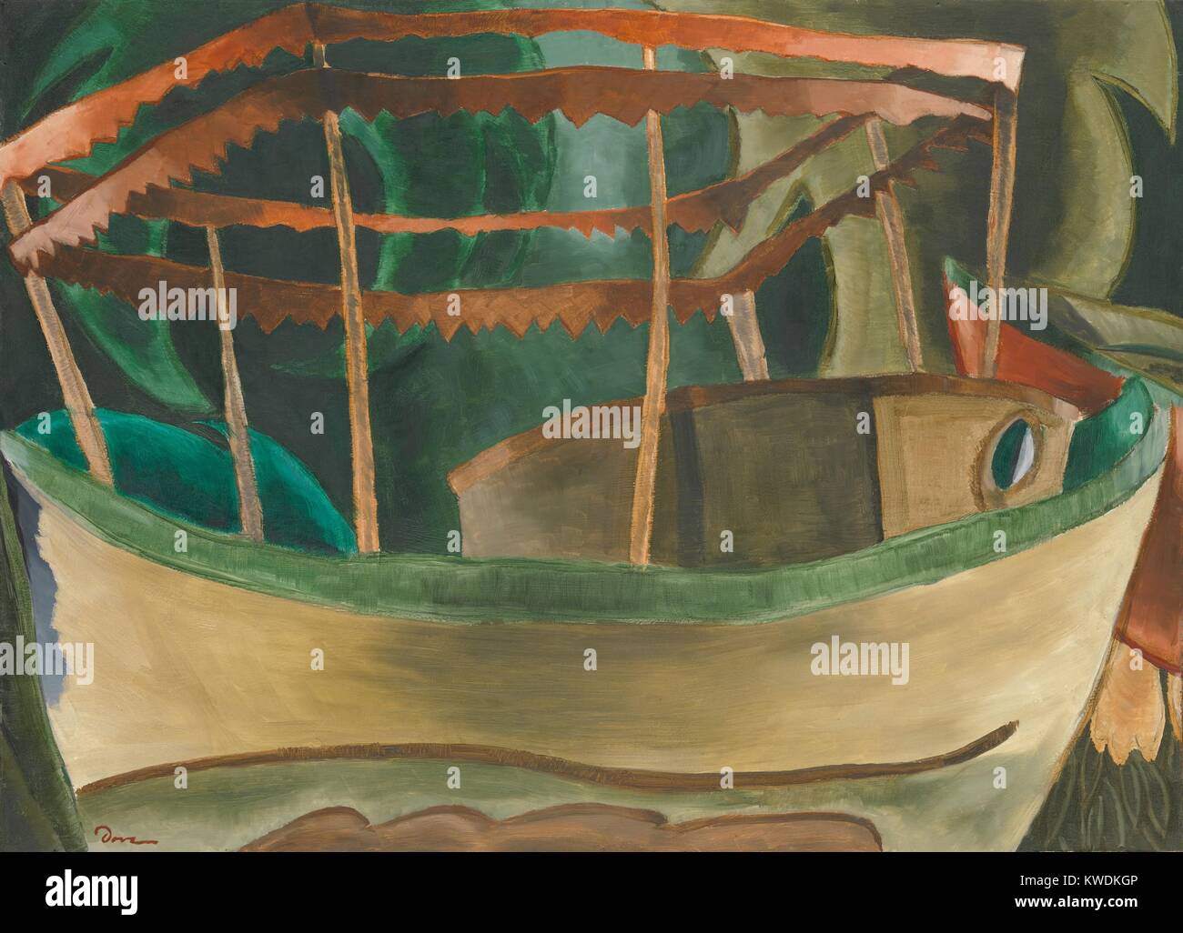 FISHBOAT, da Arthur Colomba, 1930, la pittura americana, olio su cartone. Barca astratta riempie la superficie di illustrazioni, con uno sfondo di colore verde modellato forme (BSLOC 2017 7 85) Foto Stock