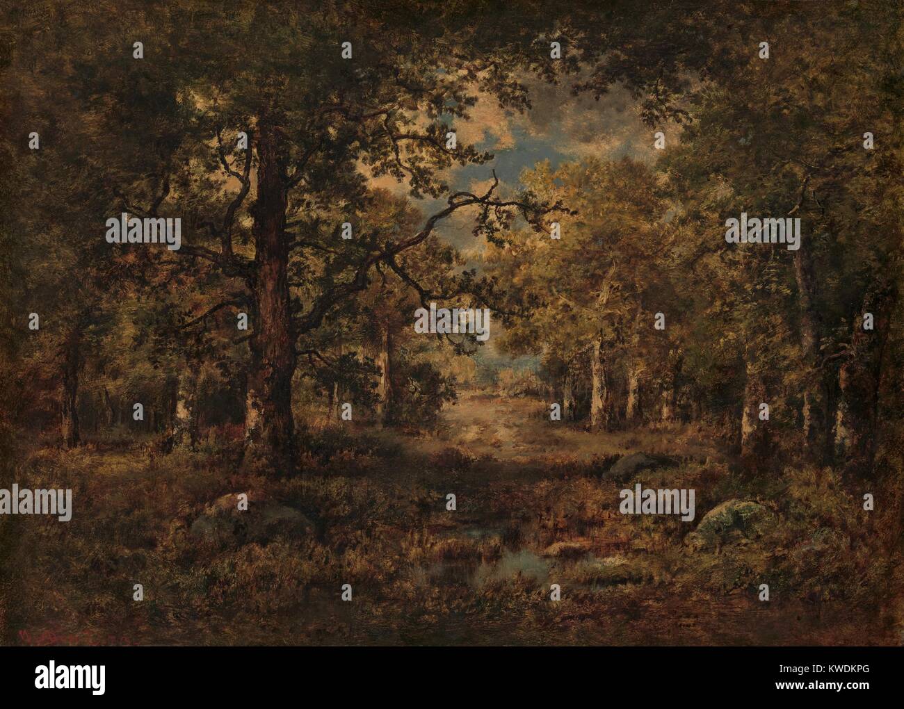 Una vista attraverso gli alberi: FOUNTAINBLEAU, da Narcisse Virgilio Diaz,  1873, la pittura francese, olio su legno. Il visualizzatore è tirato nello  spazio e la distanza da un punto di vista informale