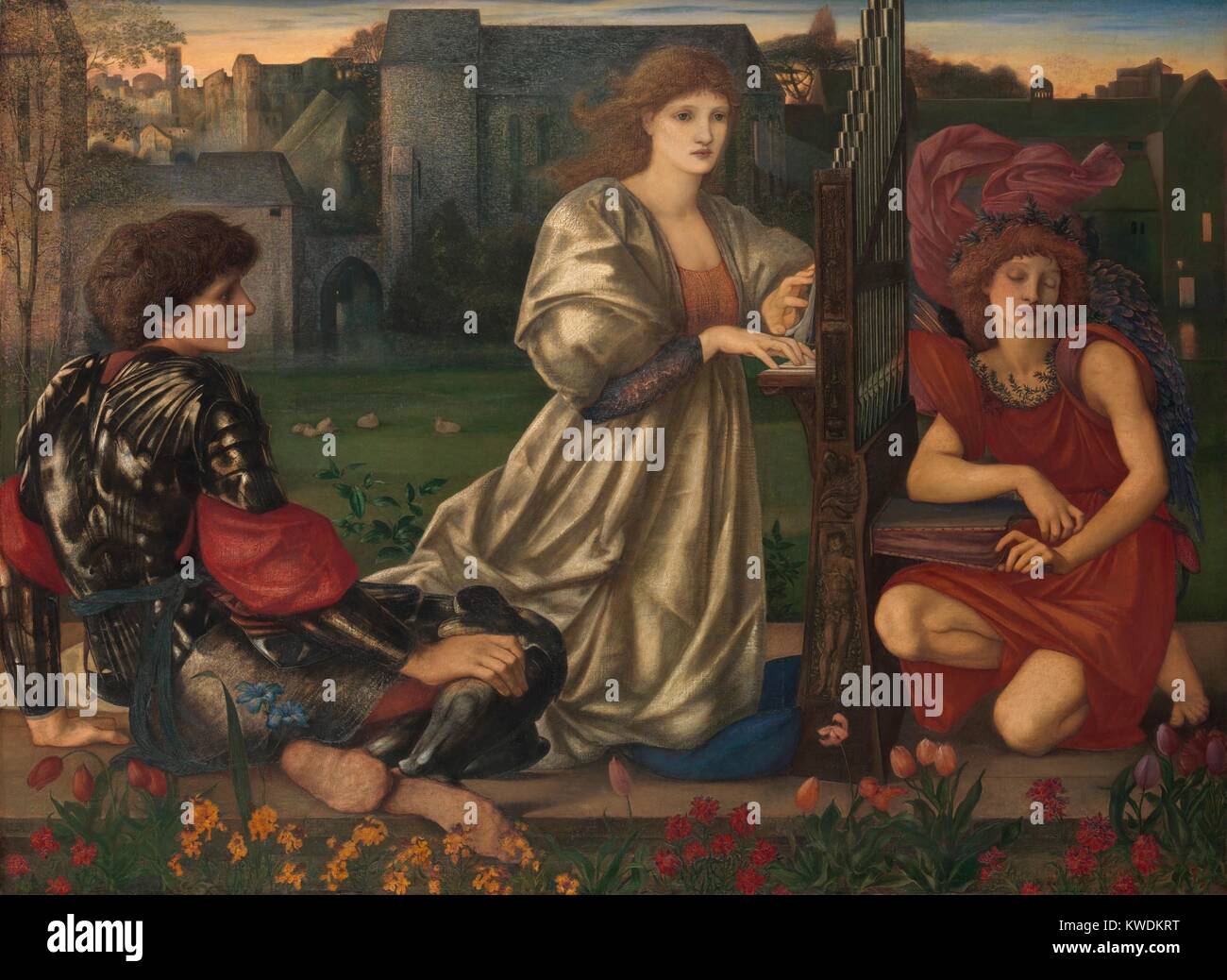 La canzone d'amore, da Sir Edward Burne-Jones, 1868-77, pittura inglese, olio su tela. In centro, una giovane donna si inginocchia come ella svolge un piccolo organo a canne. Il giovane uomo a sinistra indossa fantasiosa una blindatura corporea e guarda verso il centro le foto. A destra è un Amorino alato, occupata di pompaggio organi il soffietto (BSLOC 2017 9 133) Foto Stock