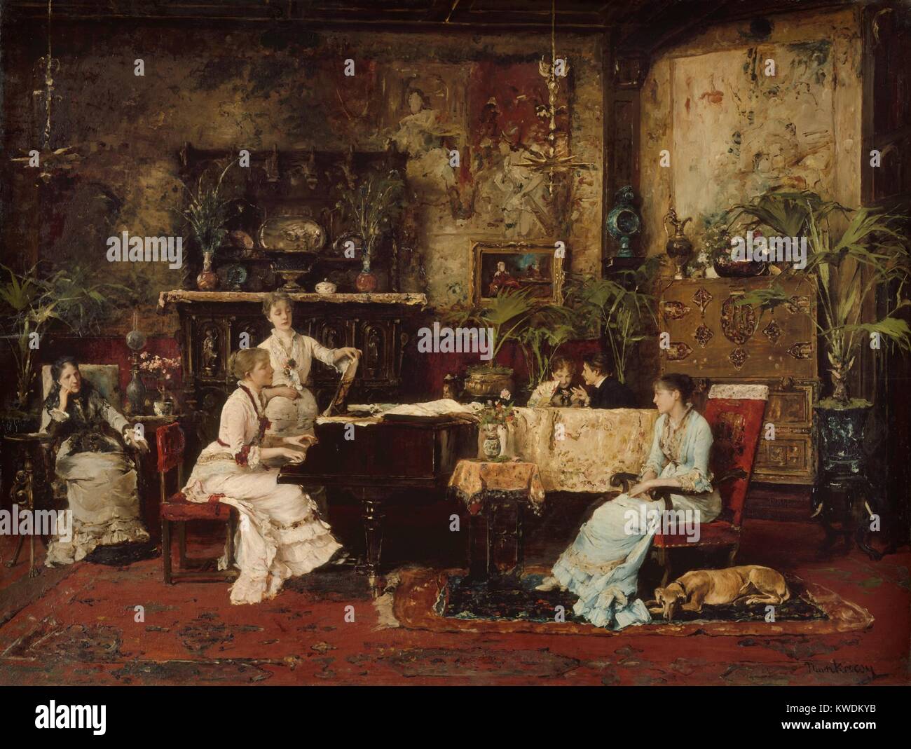 La stanza della musica, da Mihaly Munkacsy, 1878, ungherese pittura, olio su legno. Un quartiere alla moda di musical party avviene nella Parigi degli artisti home su Avenue de Villiers. Munkacsy addestrati in Europa centrale ed era associato con la romantica realista Scuola di Dusseldorf. Prima del suo trasferimento a Parigi nel 1872 e 1874 il matrimonio con una ricca vedova, egli era noto per le sue scene della vita quotidiana dei contadini e dei poveri (BSLOC 2017 9 71) Foto Stock