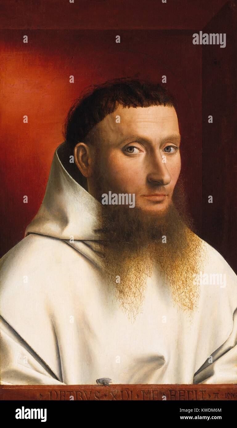 Ritratto di un certosino, di Petrus Christus, 1446, Netherlandish, Northern Renaissance pittura ad olio. Dipinto in altamente dettagliate di realismo, un monaco si siede in una stanza rossa con illuminazione modulata. Un tromp loeil fly poggia sul dipinto falso telaio (BSLOC 2017 16 113) Foto Stock