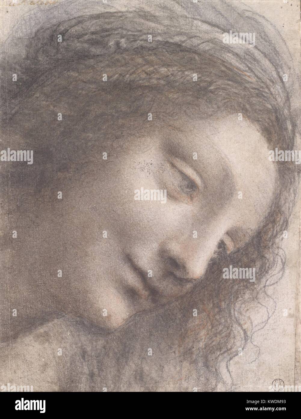 Testa della Vergine di Leonardo da Vinci, 1510-13, Rinascimento Italiano Gessetto e carboncino disegno. Questo disegno si avvale di Leonardo tecnica sfumato, creando un'immagine morbida senza linee o bordi (BSLOC 2017 16 44) Foto Stock