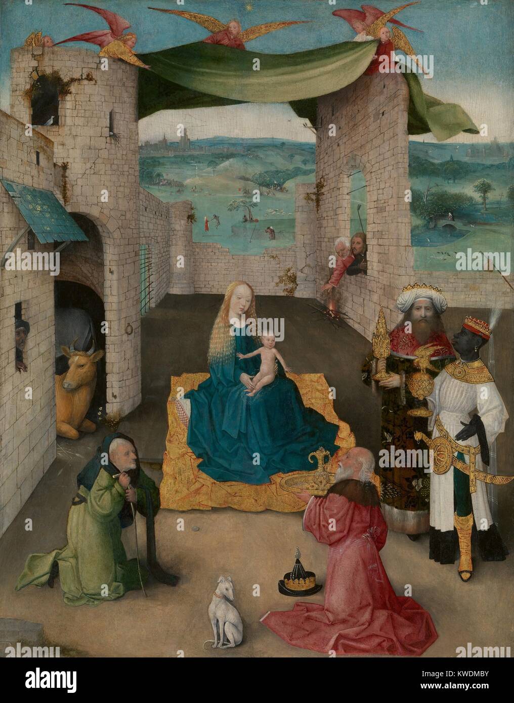 L Adorazione dei Magi, da Hieronymus Bosch, 1475, Netherlandish, nel nord della pittura rinascimentale. L Adorazione dei Magi è presentata in una fase-come impostazione con una tenda detenute aloft dagli angeli. I Magi Baltharzar, tradizionalmente descritti come studioso babilonese, è raffigurato come un uomo nero. Gli eserciti marzo nel paesaggio di sfondo (BSLOC 2017 16 96) Foto Stock