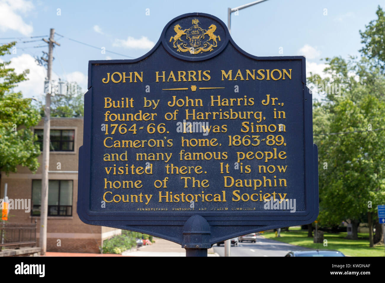 Marcatore turistici al di fuori del John Harris Mansion di Harrisburg, Pennsylvania, Stati Uniti. Foto Stock
