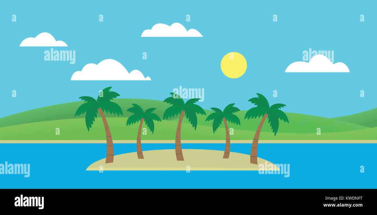 Isola tropicale del mare con spiaggia di sabbia e palme sotto il cielo blu con nuvole e sole - vettore, design piatto Illustrazione Vettoriale