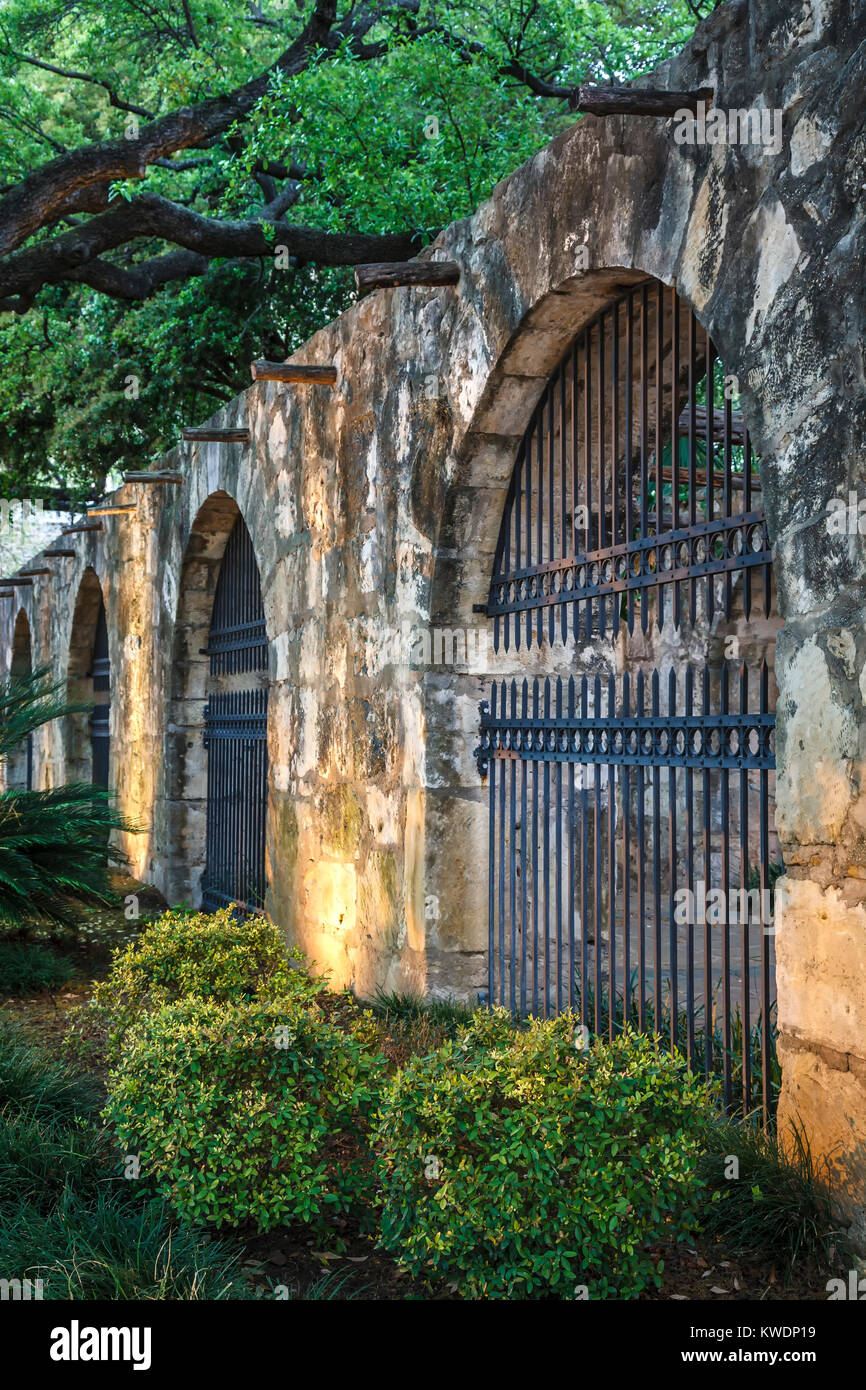 Archi lungo il corridoio laterale, l'Alamo (la missione di San Antonio de Valero), San Antonio, Texas, Stati Uniti d'America Foto Stock