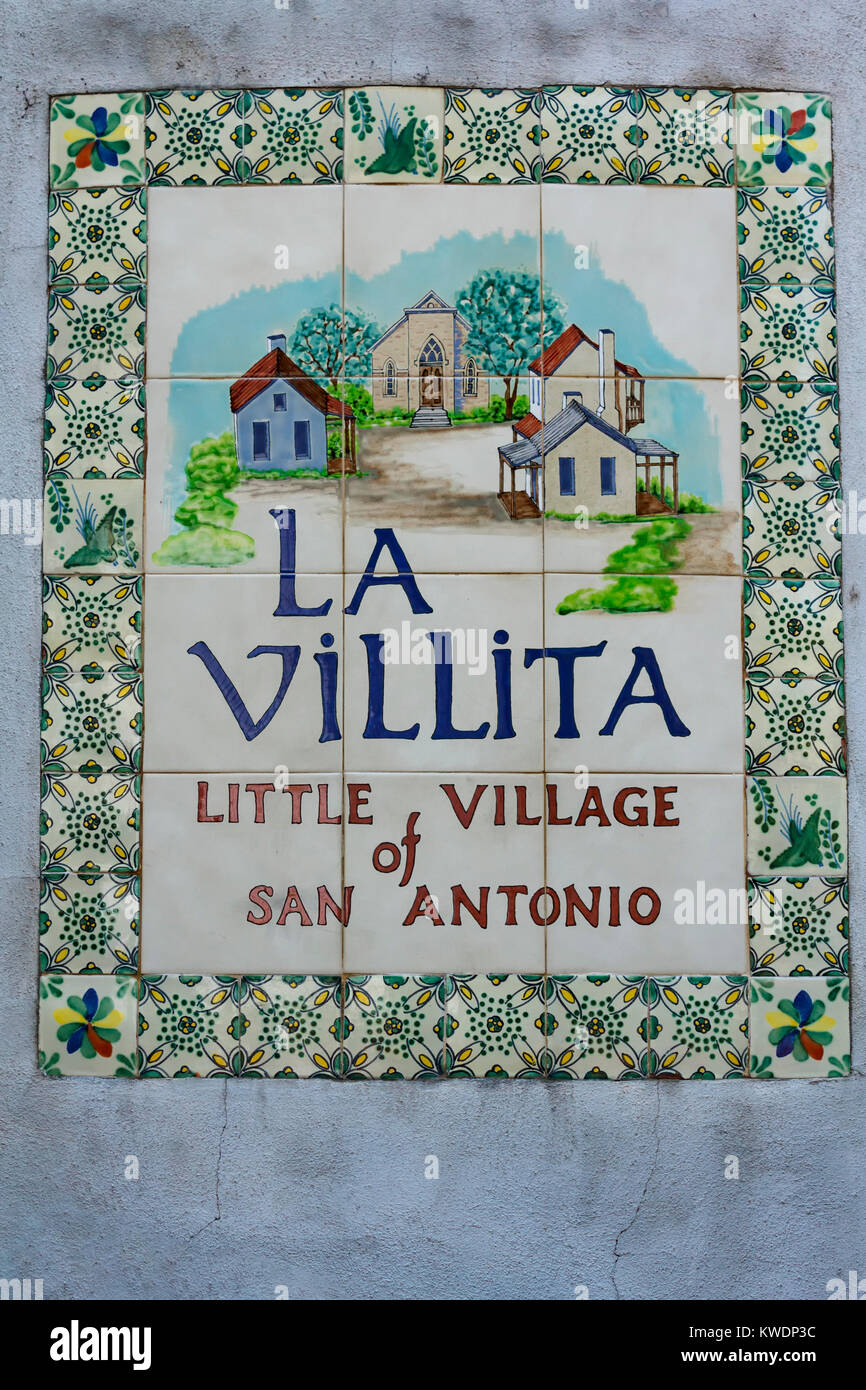 Segno di La Villita, San Antonio, Texas, Stati Uniti d'America Foto Stock