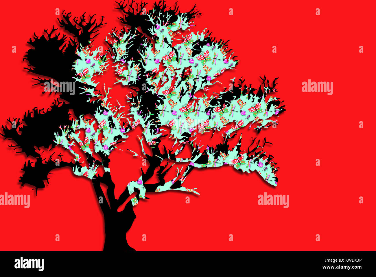 Abstract albero di Bonsai su una vivace sfondo rosso Foto Stock
