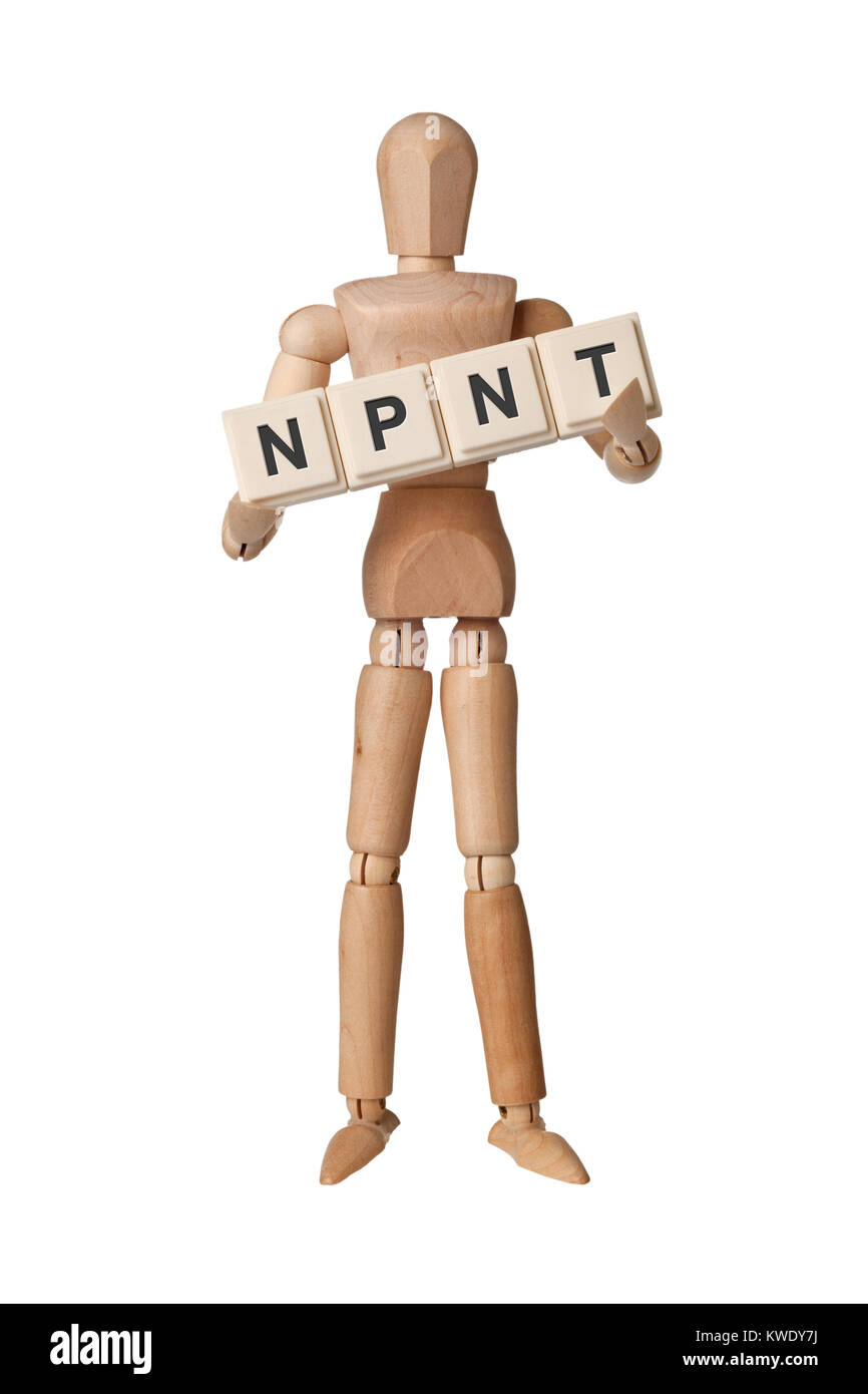Statuetta di legno con le lettere NPNT isolati su sfondo bianco Foto Stock