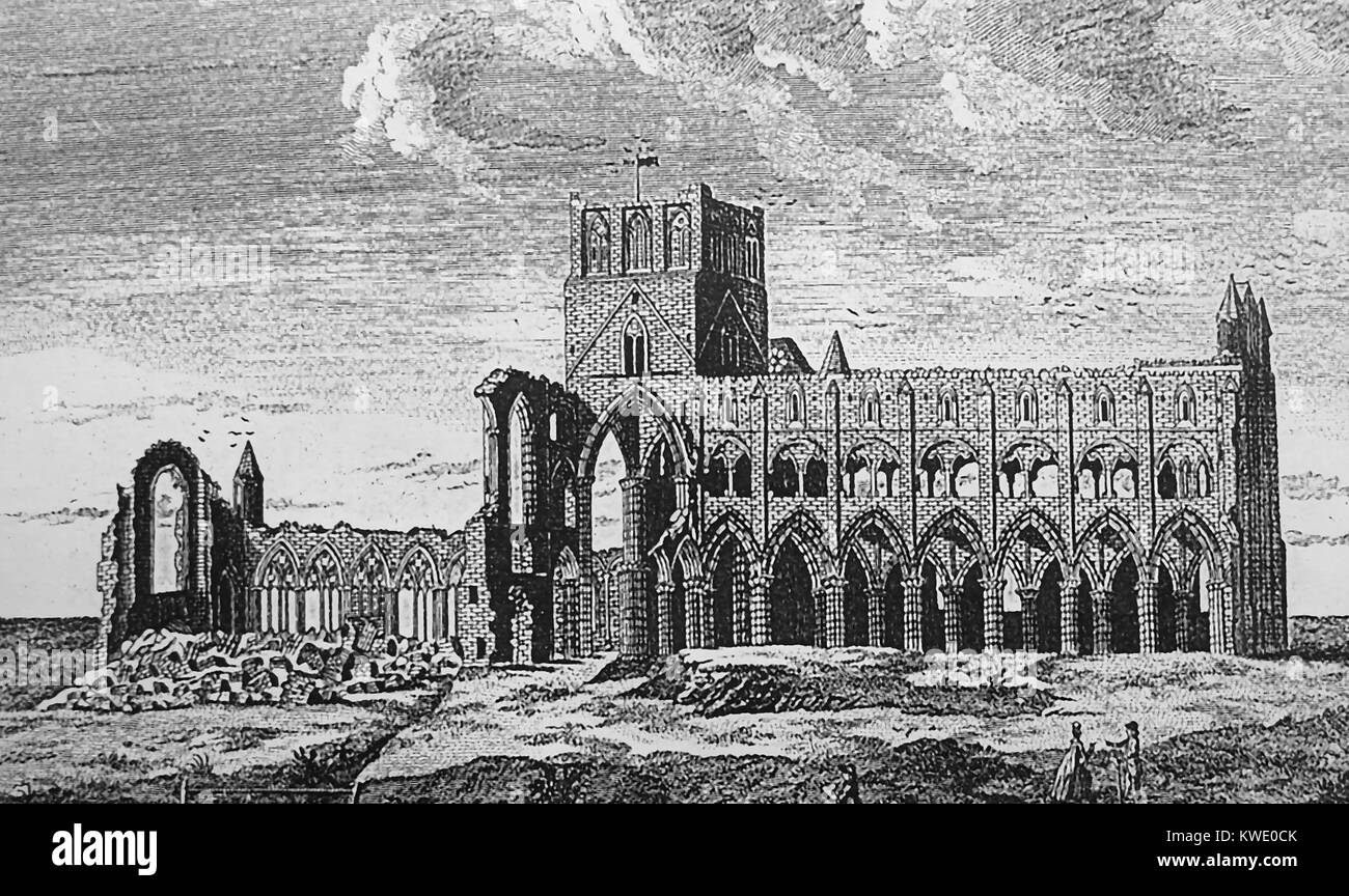 Whitby Abbey, North Yorkshire, Inghilterra - Sud-est prospettiva che mostra l'ora scomparse torre nel 1773 Foto Stock