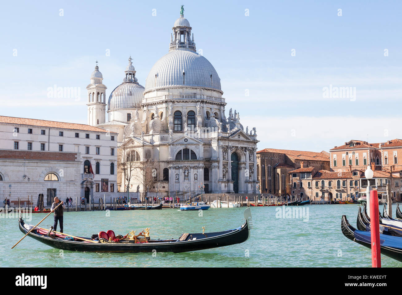 Gondoliere e gondola sul Canal Grande di fronte alla Basilica di Santa Maria della Salute, Venezia, Italia nella luce del mattino Foto Stock