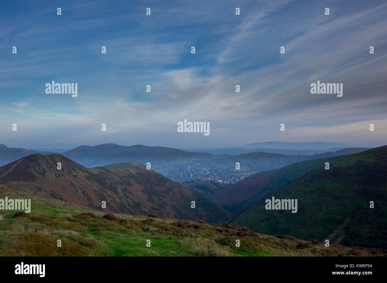 Valle Townbrook lungo Mynd, Heath, altopiano brughiera, Shropshire Hills, England, Regno Unito Foto Stock