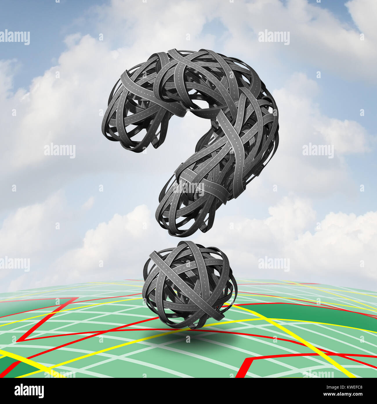 Traffico e viaggi domande incertezza come un gruppo di strade conformata come un punto interrogativo come un business di orientamento come metafora di un 3D illustrati Foto Stock