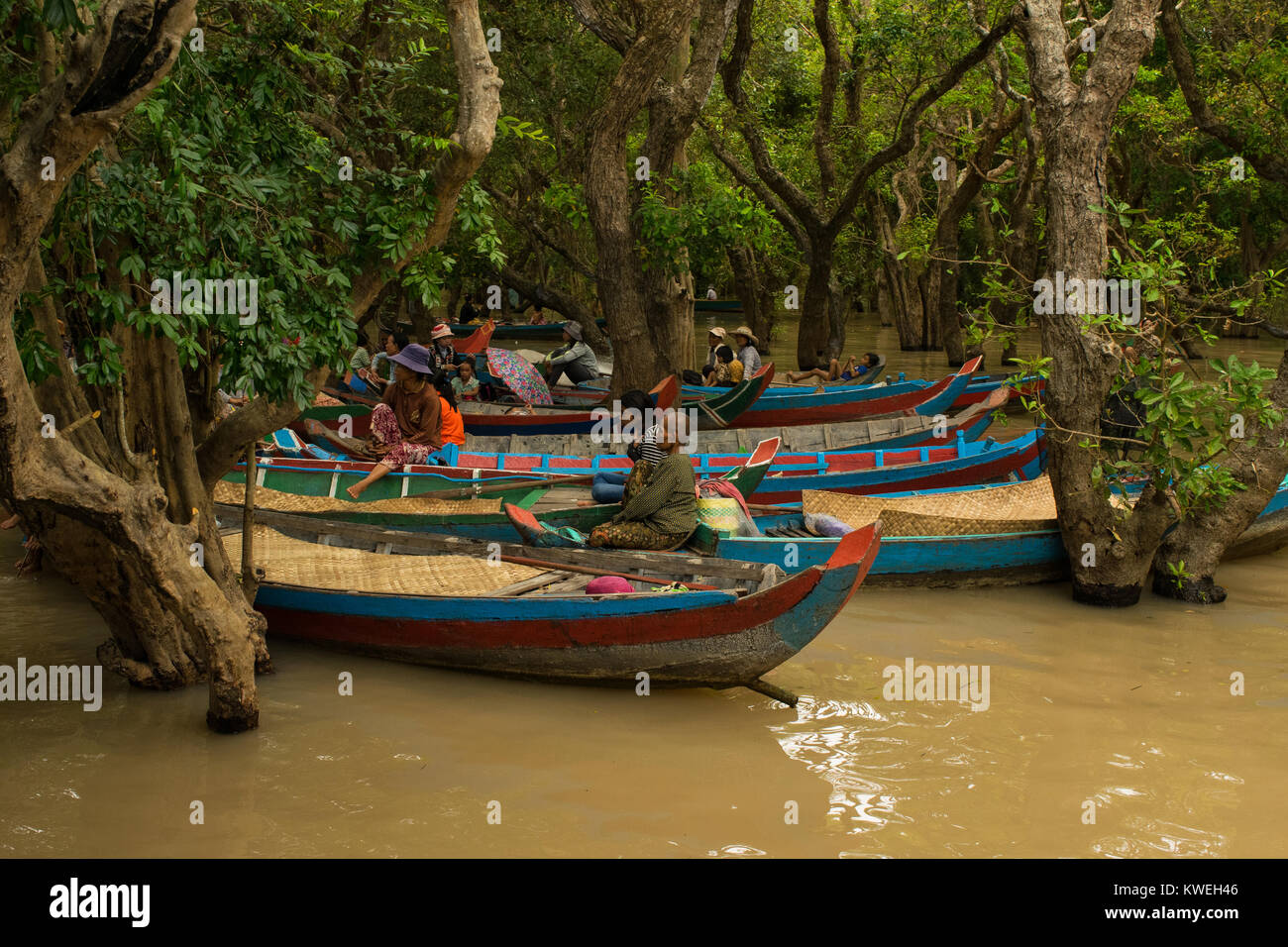 Donne cambogiane i clienti in attesa e turisti per andare su una barca in canoa tra le allagato annegato flottante foresta di alberi di Kampong Phluk,Siem Reap Foto Stock