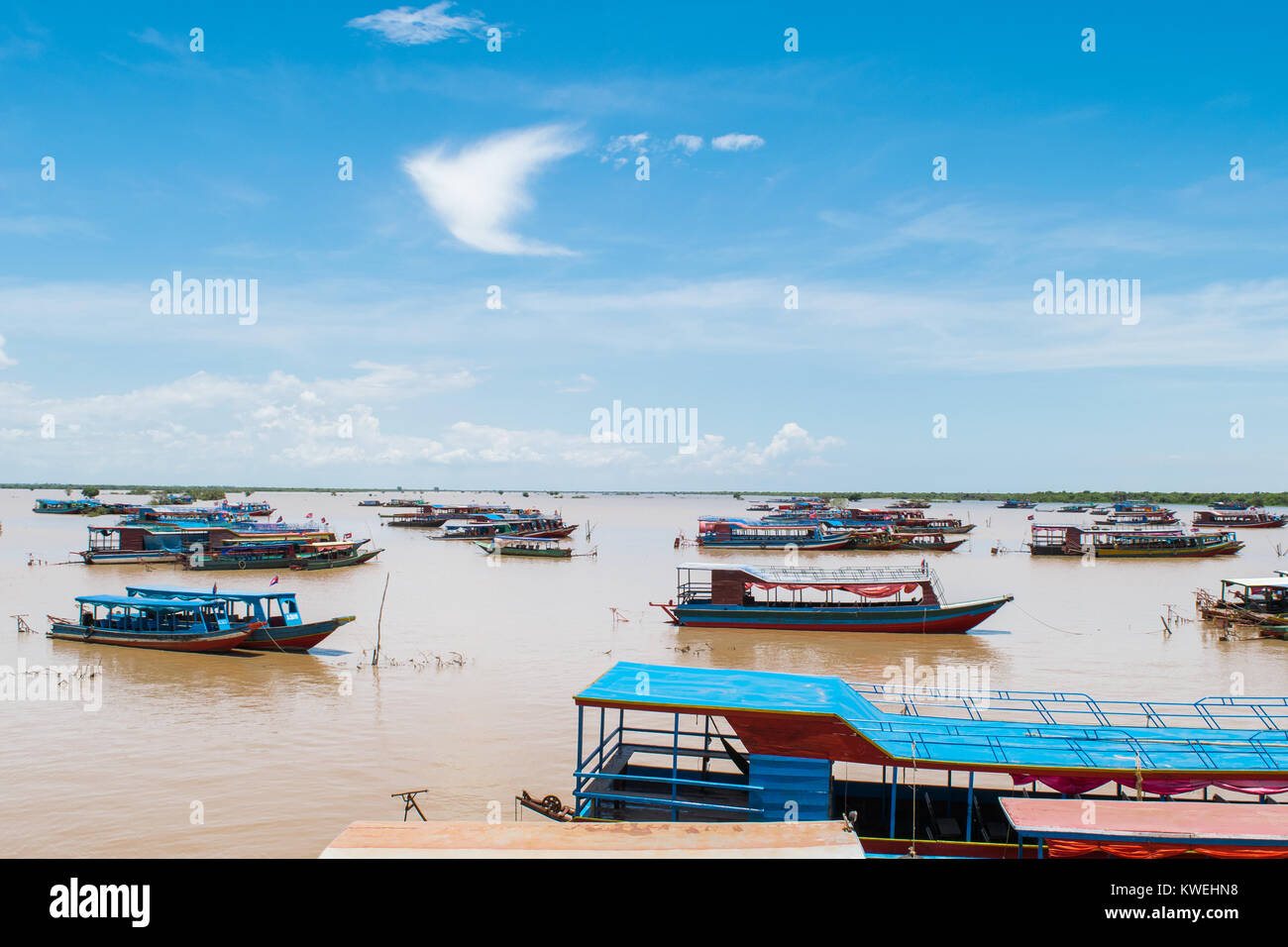 Barche lungo legati insieme e ormeggiato vicino al letto del fiume del lago Tonle Sap, per il trasporto dei turisti per Kampong Phluk villaggio galleggiante, Siem Reap, Cambogia Foto Stock