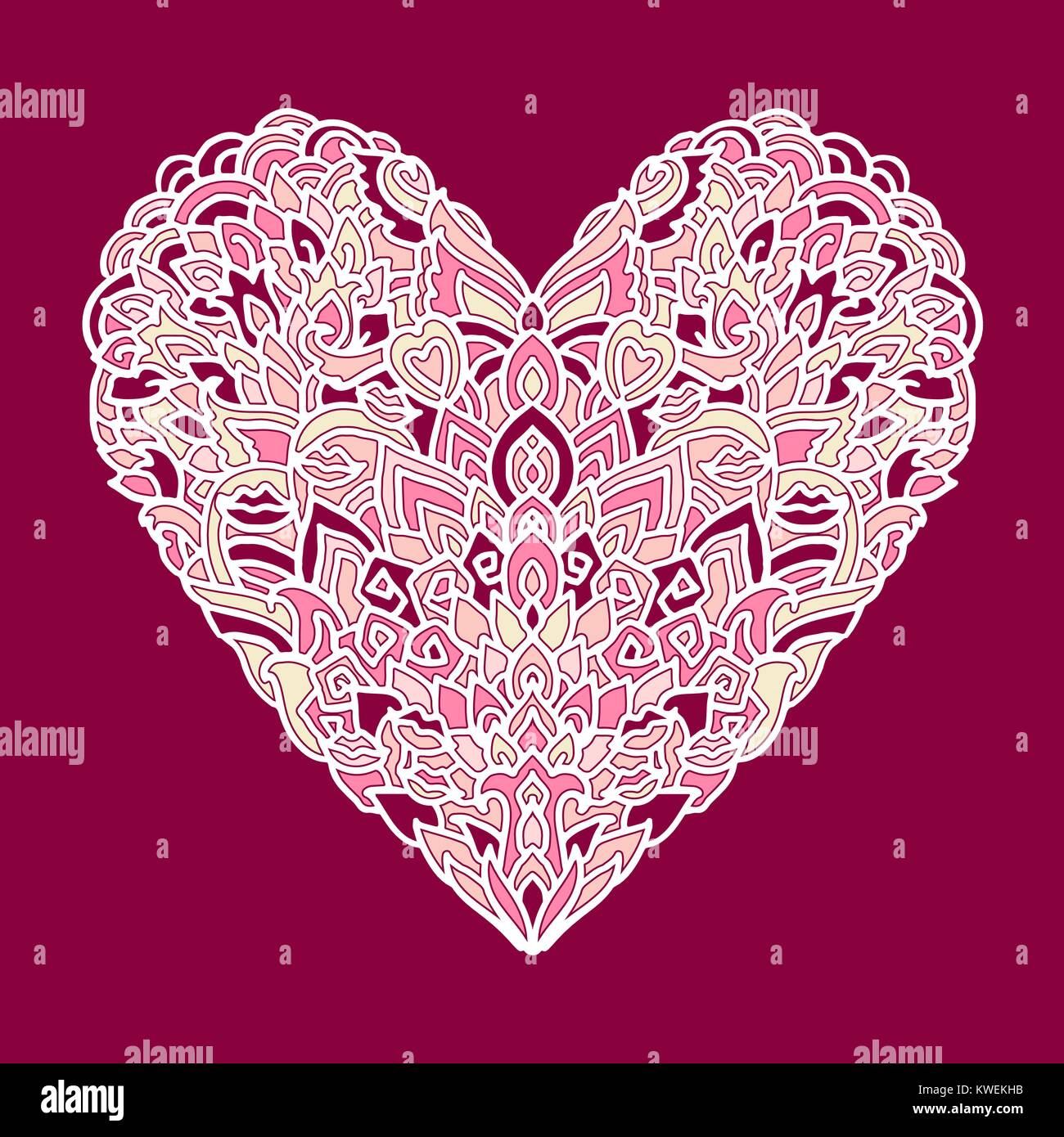 Zentangle Handdrawn cuore. Mandala stile design per San Valentino carte. Libro da colorare pattern. Vector doodle illustrazione. Illustrazione Vettoriale