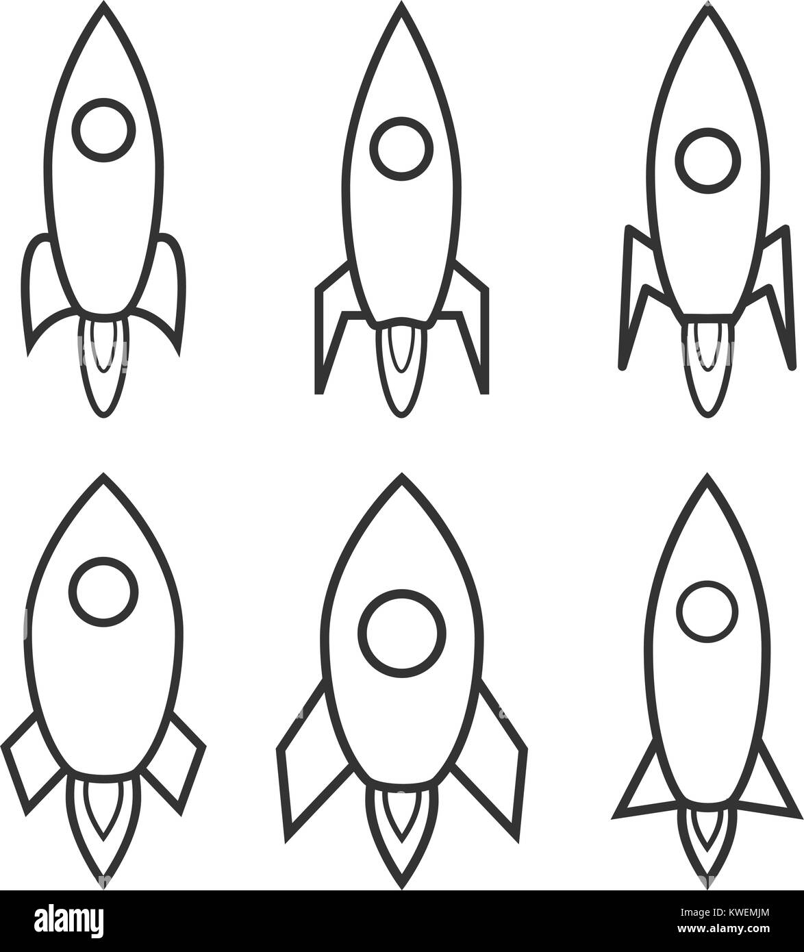 Delinea l'astronave di set di icone. Isolato di segni a razzo Illustrazione Vettoriale