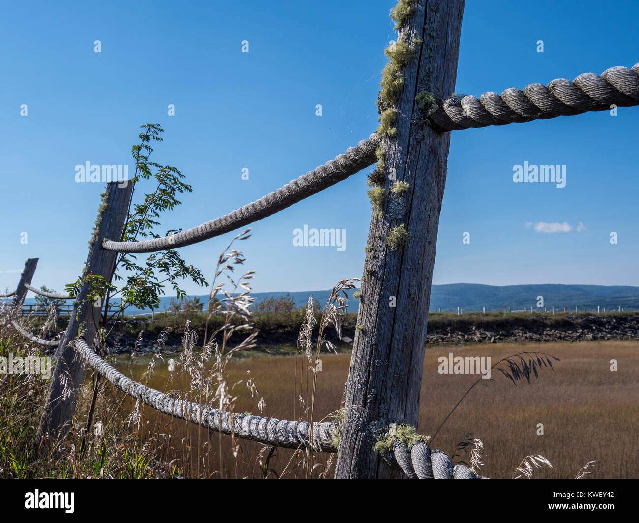 Recinzione di corda e cantiere Park, Mary's Point Road, Baia di Fundy, Waterside, New Brunswick, Canada. Foto Stock