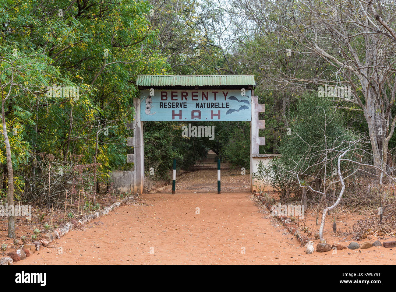 Ingresso al Berenty riserva privata, un'area protetta per la spinosa della foresta nel sud-ovest del Madagascar, Africa. Foto Stock