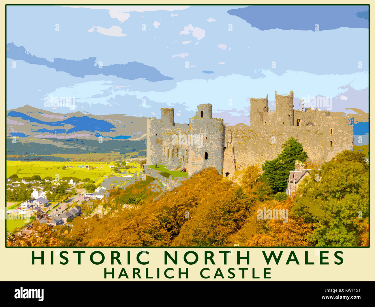 Un poster in stile illustrazione tratta da una fotografia di Harlech Castle, Galles del Nord, Regno Unito Foto Stock