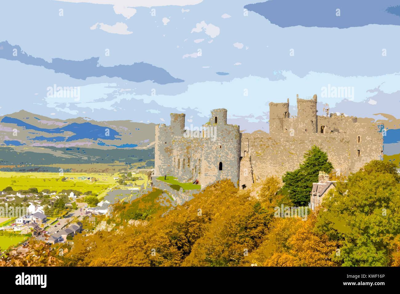 Un poster in stile illustrazione tratta da una fotografia di Harlech Castle, Galles del Nord, Regno Unito Foto Stock