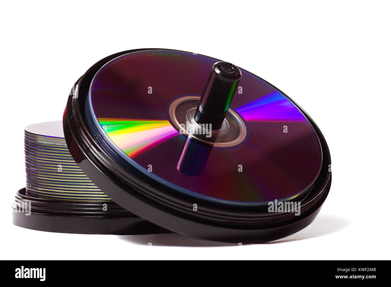 Due pile di vuoto dvd-r disks isolati su sfondo bianco Foto Stock