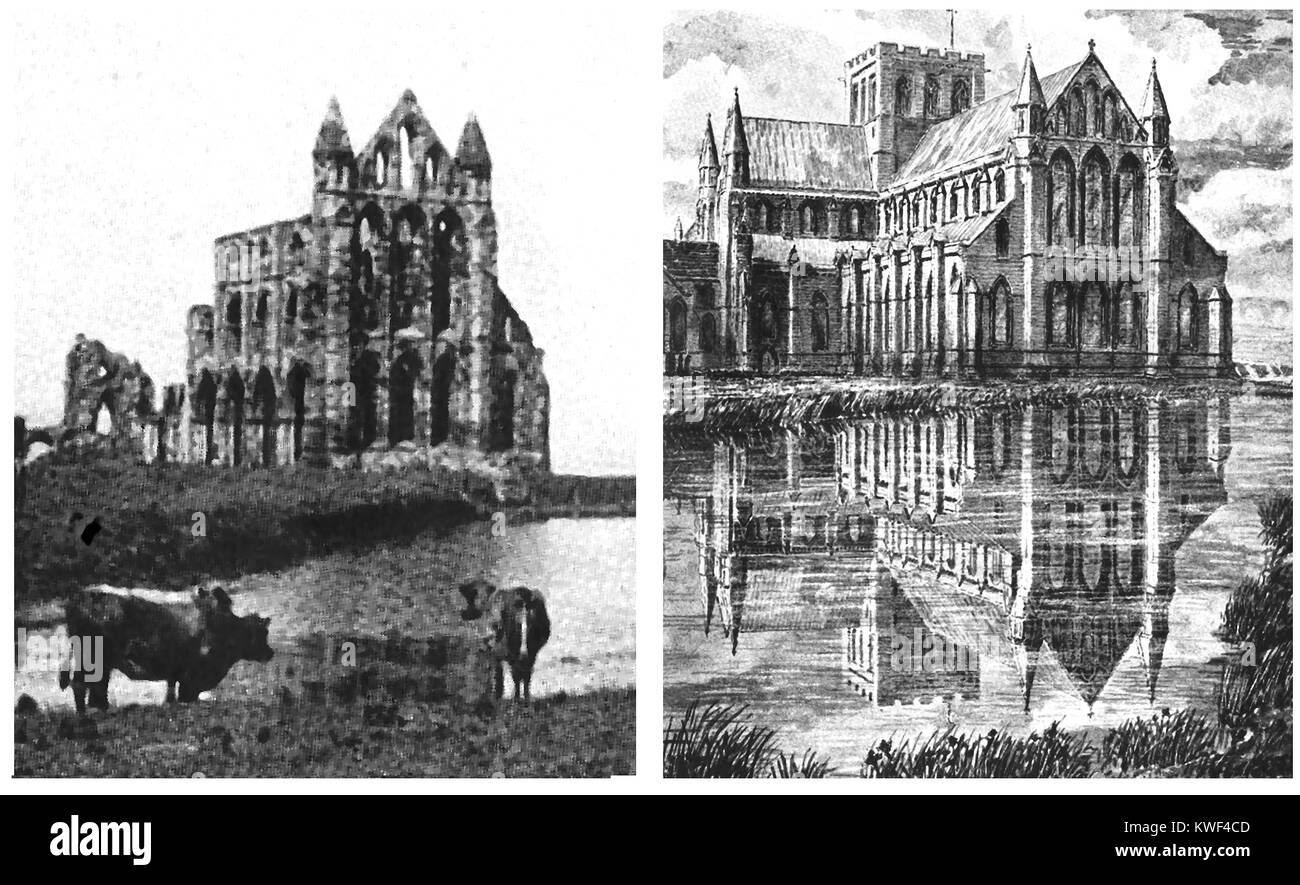 WHITBY ABBEY restaurata , North Yorkshire Regno Unito - l'Abbazia e il suo laghetto con pesci come è oggi e come un impressione di artisti della sua forma originaria (1938 illustrazioni) Foto Stock