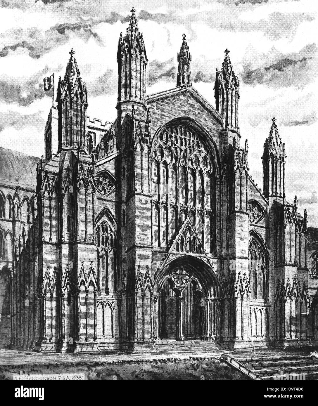 WHITBY ABBEY restaurata , un impressione di artisti dell'originale principale porta occidentale come sarebbe stato (1938 illustrazione) Foto Stock