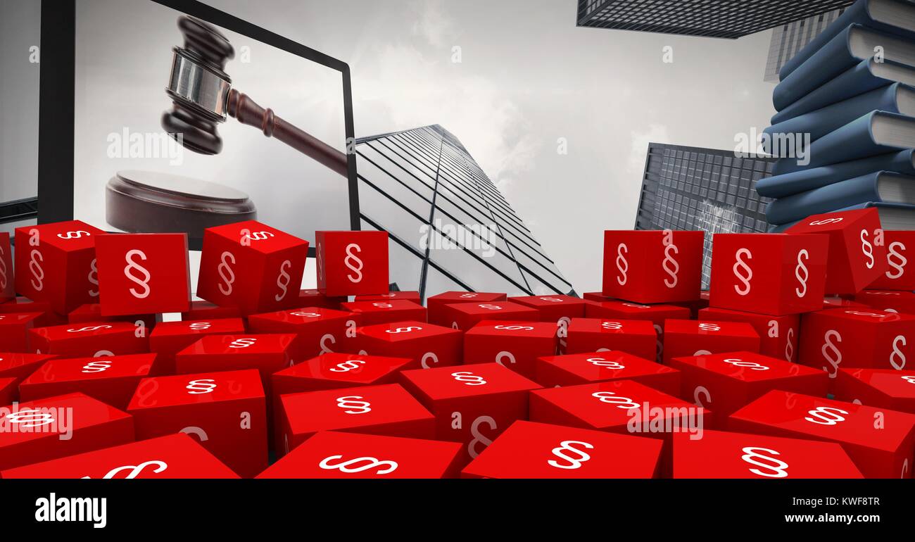 Icone di simboli di sezione 3D e gavel sullo schermo del computer con libri Foto Stock