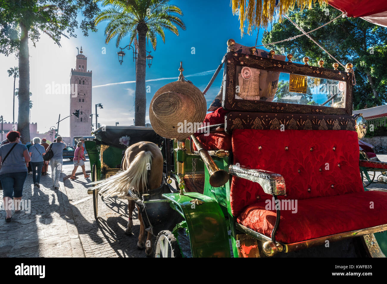 Caleche tradizionale o carro trainato da cavalli con swishing coda di cavallo. Foto Stock