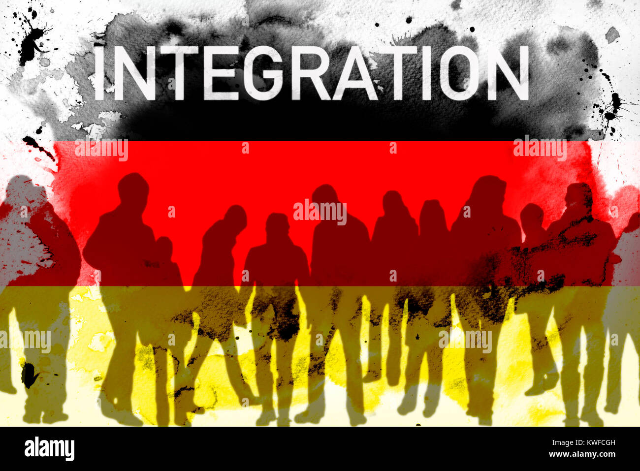 Sagome di persone prima bandiera della Germania e la parola integrazione, Silhouetten von Menschen vor Deutschlandfahne und das Wort Integration Foto Stock