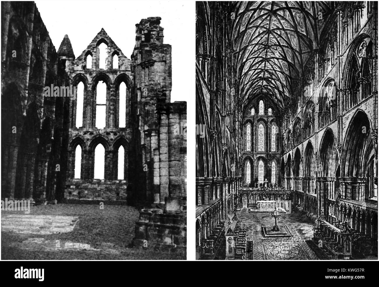WHITBY ABBEY restaurata , North Yorkshire Regno Unito - la navata in rovina e un impressione di artisti della sua forma originaria (1938 illustrazioni) Foto Stock