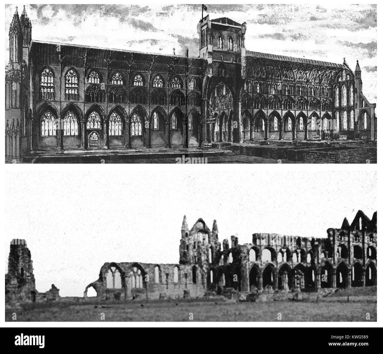 WHITBY ABBEY restaurata , North Yorkshire Regno Unito - rovine della abbazia da sud-est e un impressione di artisti della sua forma originaria (1938 illustrazioni) Foto Stock