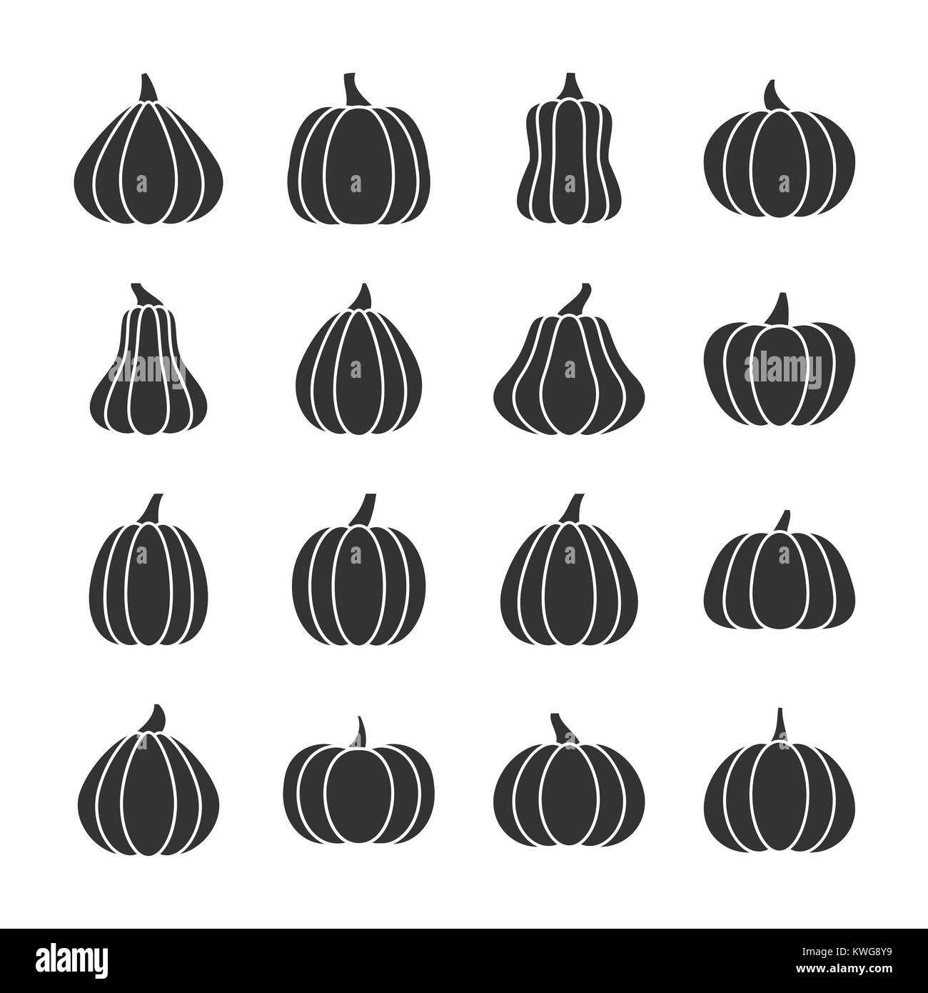 La zucca nero silhouette riempita icon set. Ringraziamento monocromatico piatto simbolo design collection. Gourd grafica semplice pittogramma pack Squash isolata w Illustrazione Vettoriale