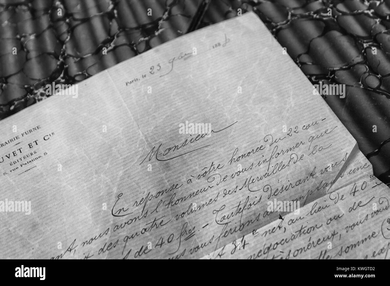 Frammento di un palazzo di fine ottocento lettera scritta in francese. Foto Stock