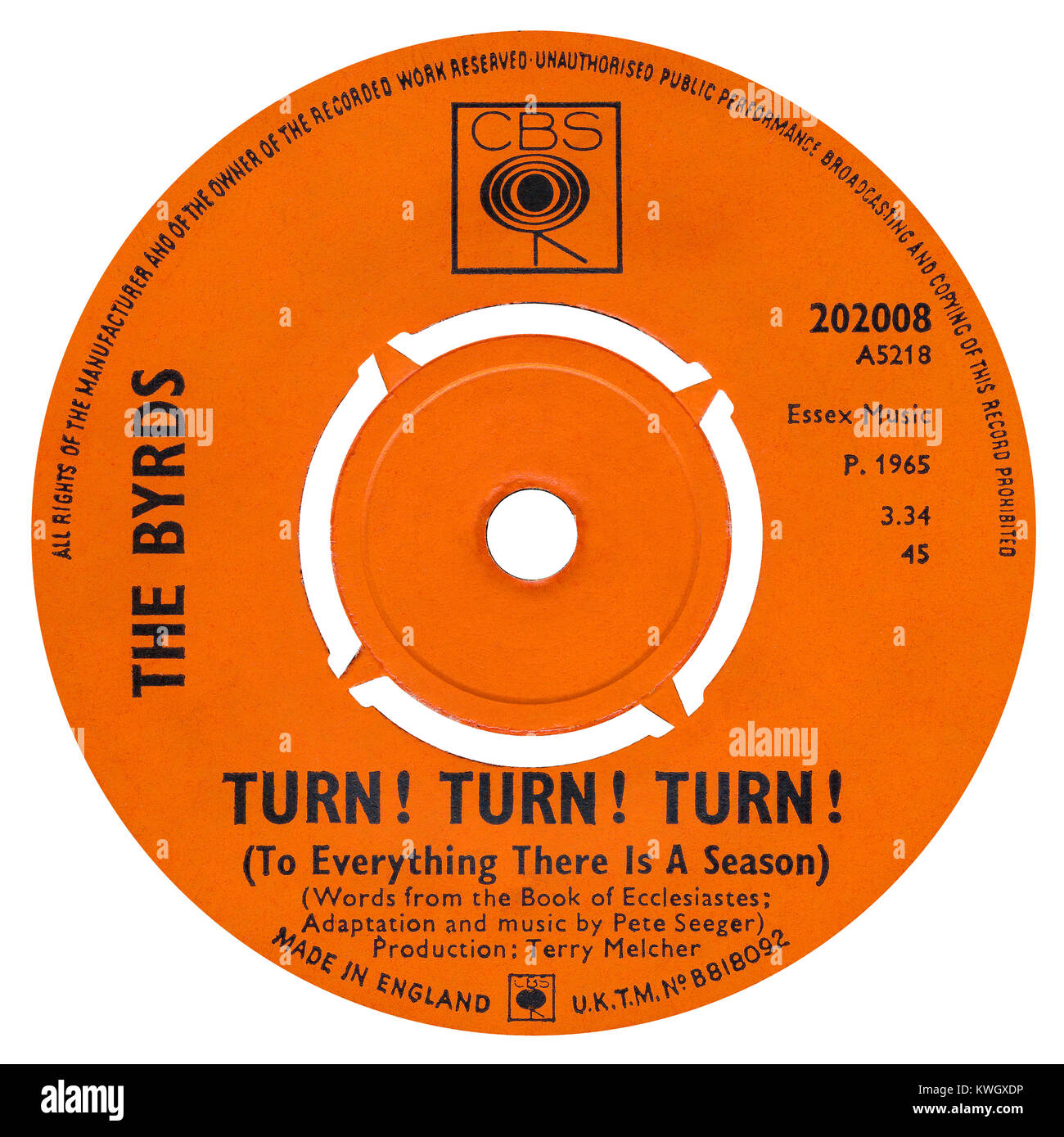 45 RPM 7' UK etichetta discografica di turno! Girare! Girare! (A tutto quello che c'è una stagione) dalla Byrds. Adattato dal libro di Ecclesiaste da Pete Seeger e prodotto da Terry Melcher. Rilasciato nel mese di ottobre 1965 di CBS Records. Foto Stock