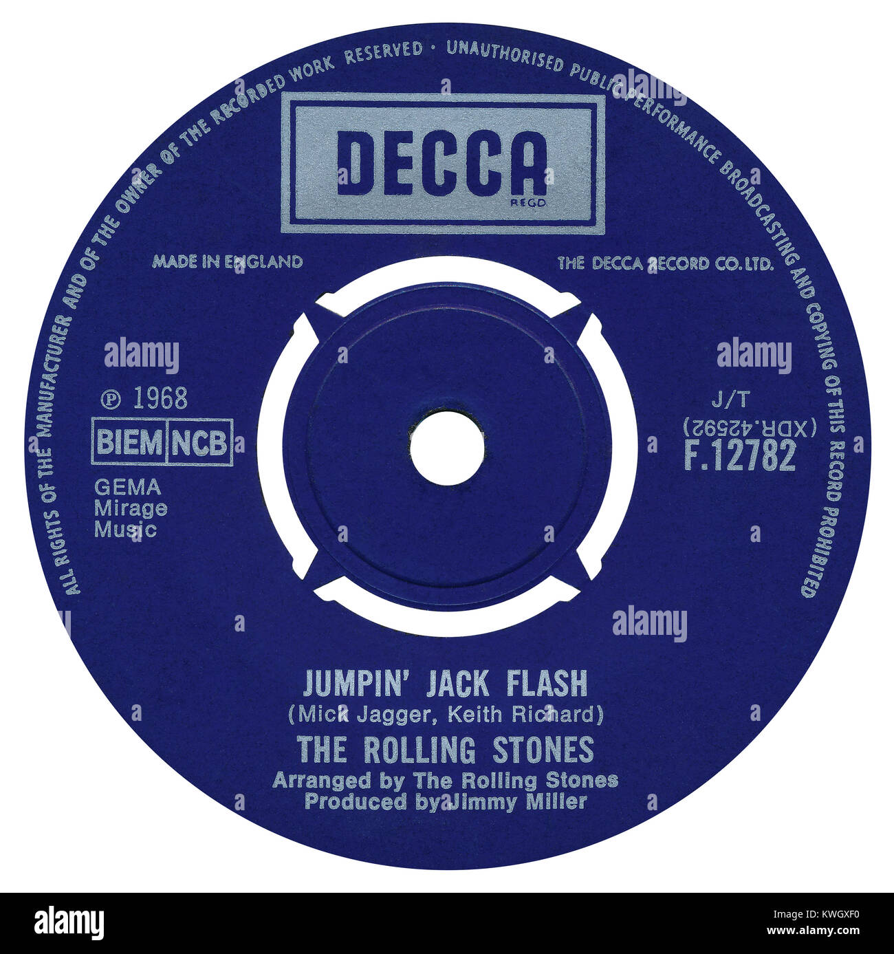45 RPM 7' UK record etichetta di " Jumping Jack Flash dai Rolling Stones. Scritto da Mick Jagger e Keith Richard, disposte dai Rolling Stones e prodotto da Jimmy Miller. Rilasciato nel maggio 1968 sul Decca record. Foto Stock