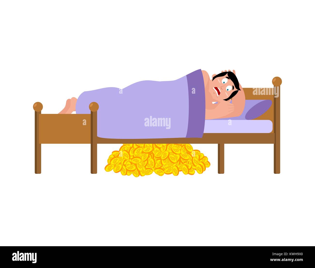 Uomo spaventato dorme sul letto. Bitcoins sotto il letto. era terribile sogno. Illustrazione Vettoriale. Illustrazione Vettoriale