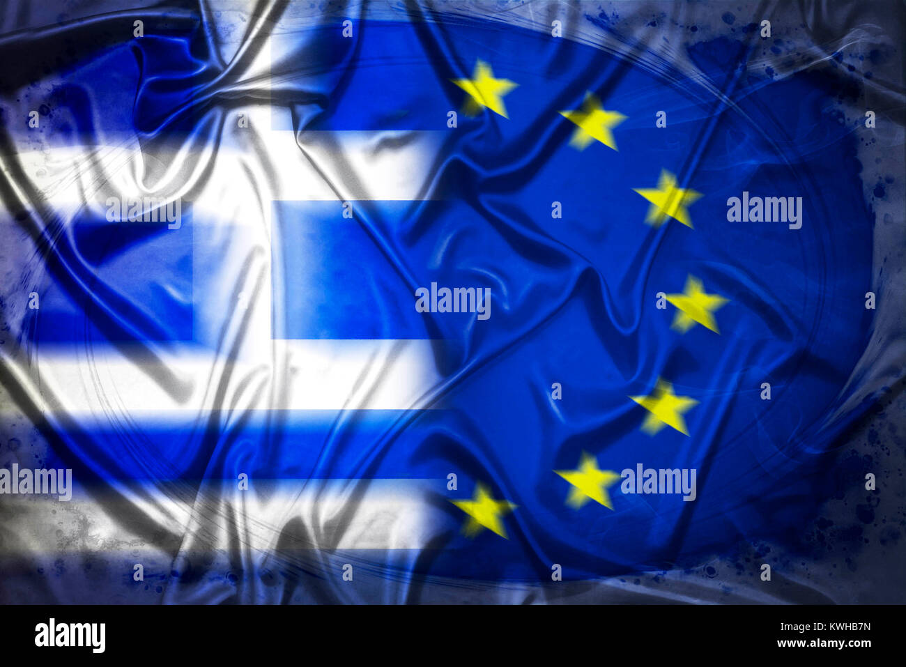 La Grecia e la bandiera dell'UE, simbolico Grexit foto, Griechenland- und UE-Fahne, Symbolfoto Grexit Foto Stock